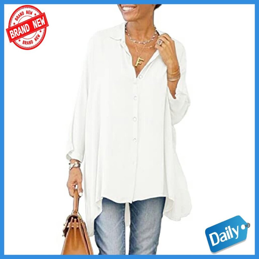 Oversized Long Sleeve Button Down Tunic Blouse Loose Fit Flowy - Picture 2 of 8